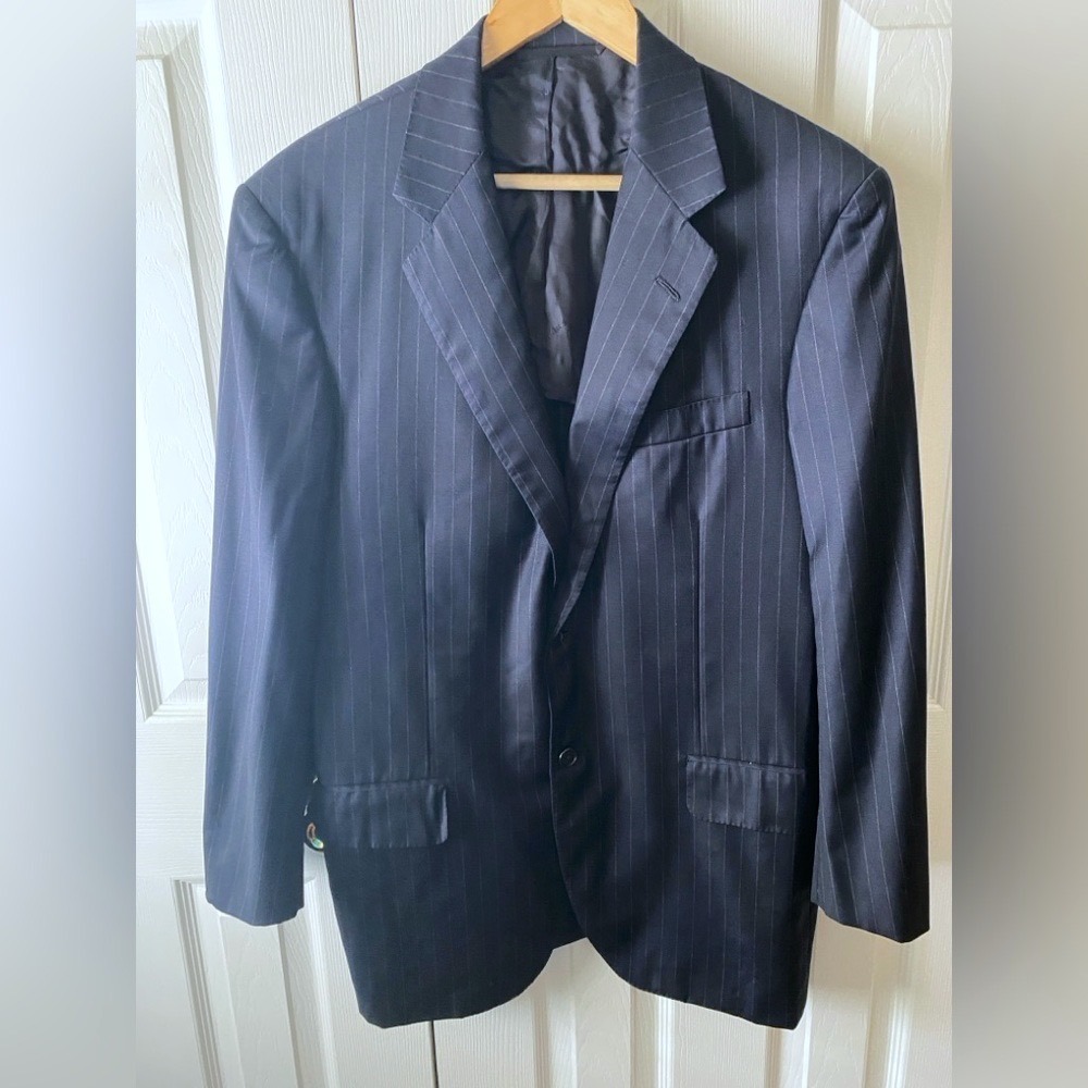 Oxxford‎ Clothes Navy Pinstripe Gold Coast Super 120's Wool Suit Jacket 40R